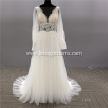 design plain train wedding dresses long sleeves open V back boat neckline a line bridal dress